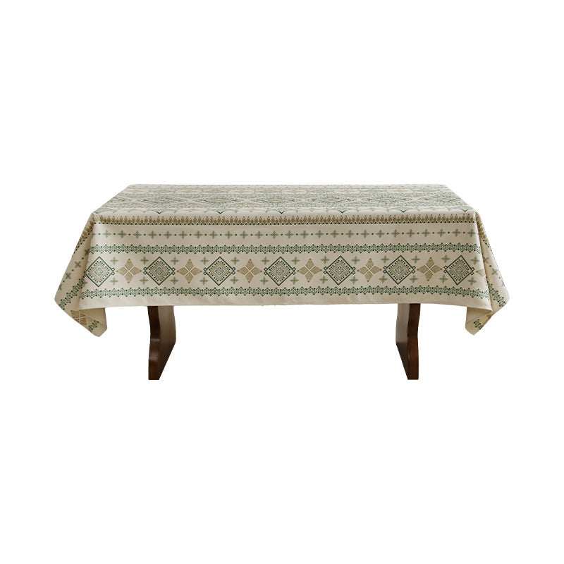 Rectangular Decorative Tablecloth made of Cotton-Linen with Woven Diamond Pattern and Antique-Inspired Border