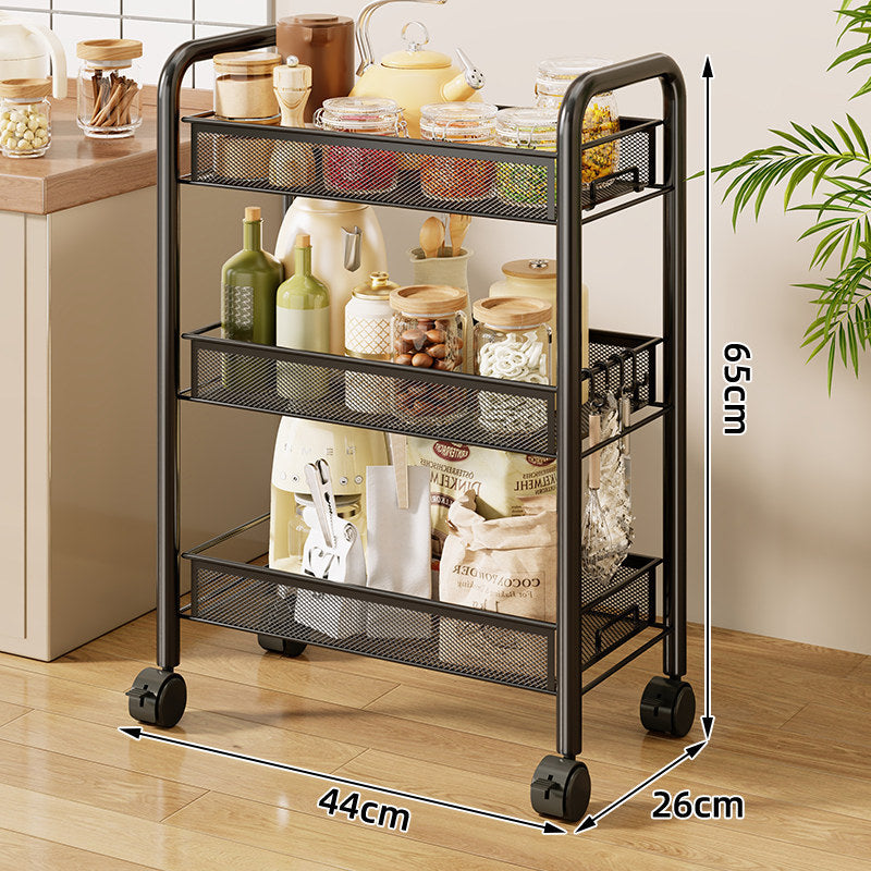 Three-Tier Rolling Mesh Kitchen Storage Cart with Side Utensil Caddy and Locking Casters