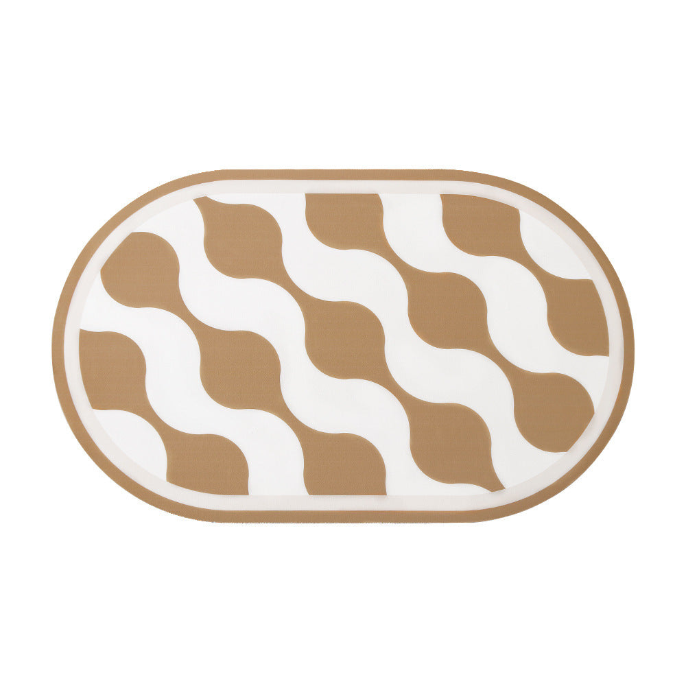 Oval non-slip vinyl mat with fine mosaic print and water-repellent surface