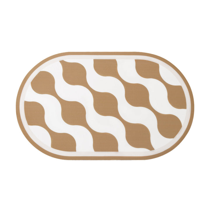 Oval non-slip vinyl mat with fine mosaic print and water-repellent surface