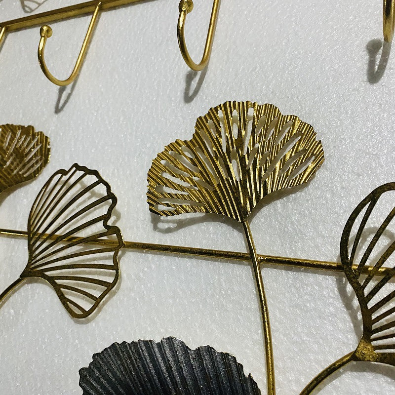 Decorative Metal Wall Hook Rack with Ginkgo Leaf Design