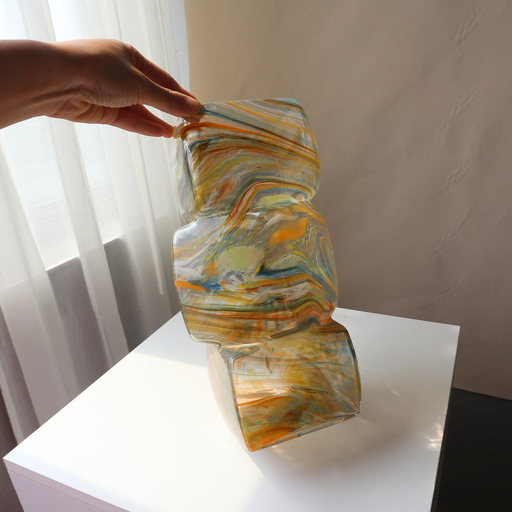 Mouth-Blown Multi-Swirl Art Glass Sculptural Floor Vase
