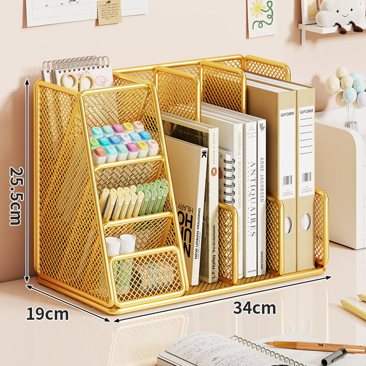 Mesh Desktop Organizer with Multi-Compartment Book Binder and Pen Rack