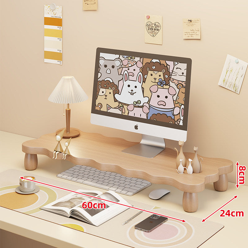 Low-Profile Ergonomic Wooden Desktop Monitor Lift with Under-Shelf Keyboard Storage