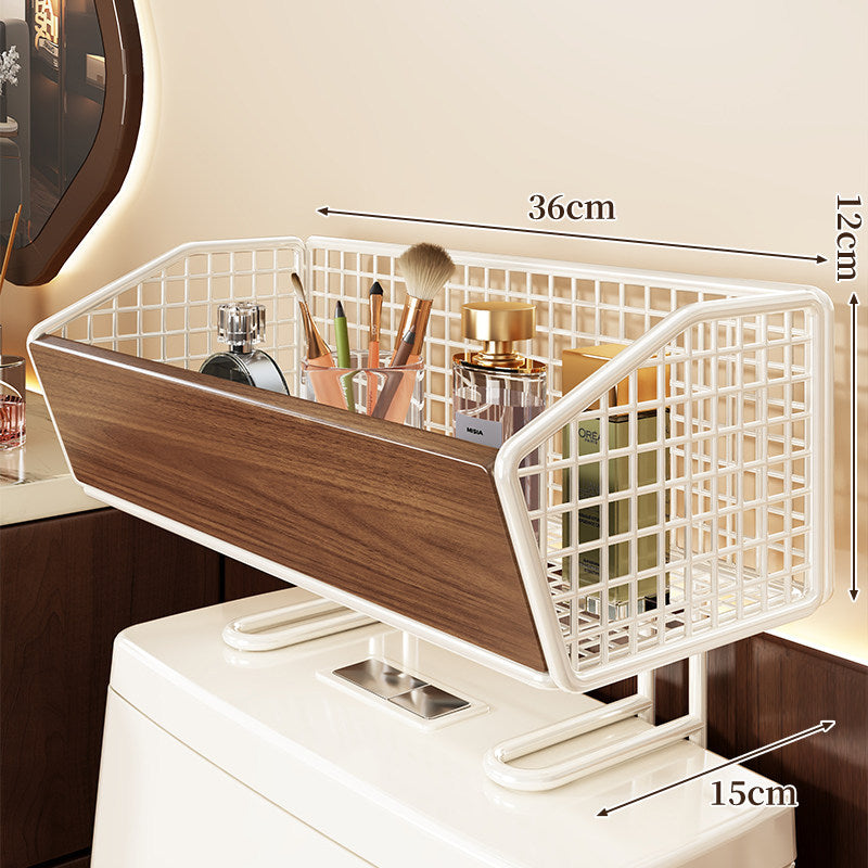 Bathroom Countertop Wire Mesh Vanity Organizer with Wood Panel and Elevated Stand