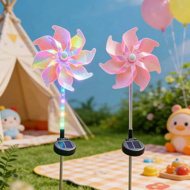 Solar-powered LED iridescent flower windmill garden stake