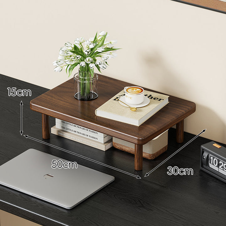 Compact Solid Wood Elevated Desk Display Stand with Under-Shelf Storage and Rounded Leg Design