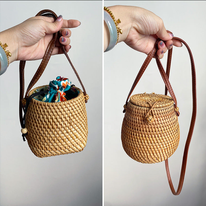 Handwoven basket with leather handle