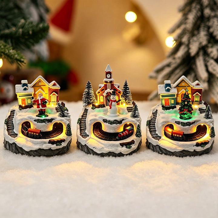 Movable Christmas village with lights and snowman