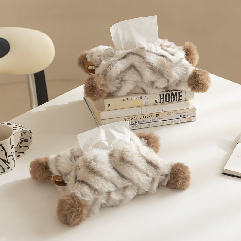 Decorative faux fur tissue box cover with pom poms and hanging handle