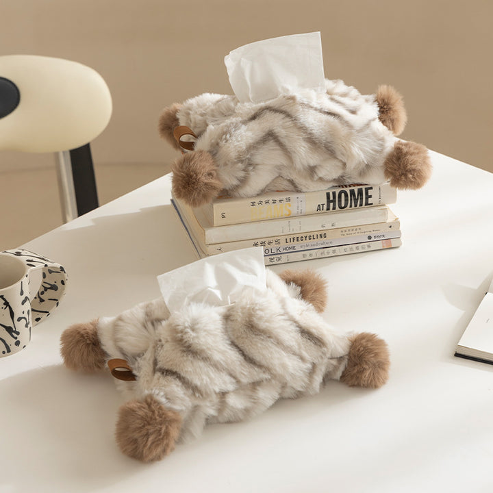 Decorative faux fur tissue box cover with pom poms and hanging handle