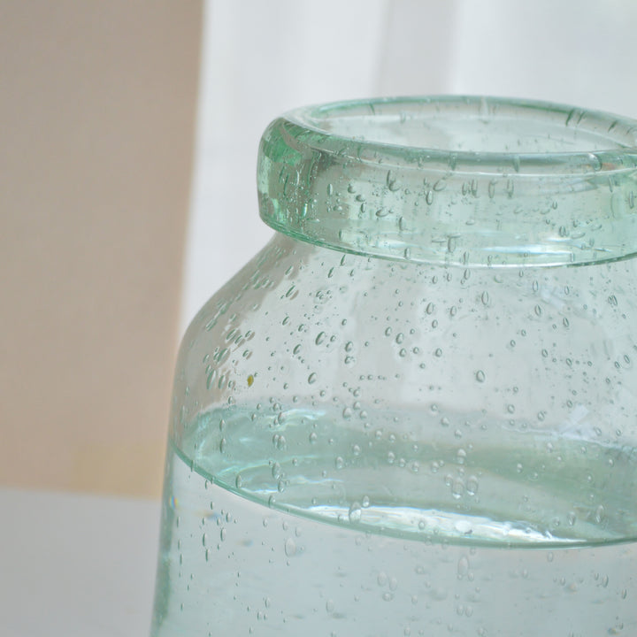 Hand-Blown Tall Flared-Wave Rim Sculptural Glass Vase on Stacked Orb Pedestal