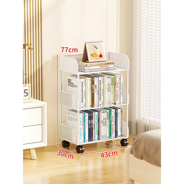 Narrow Mesh Mobile Bookcase with Deep Wire Baskets and Locking Swivel Casters