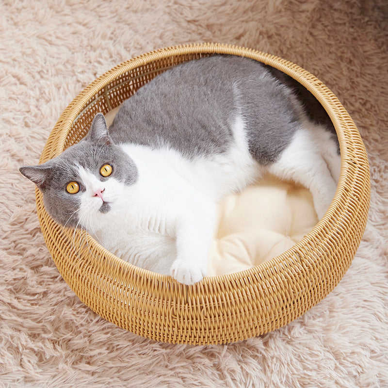 Cat bed with round rattan decoration