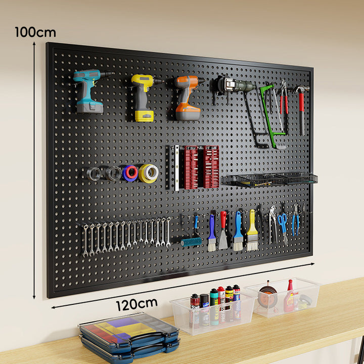 Heavy-Duty Wall-Mounted Perforated Steel Pegboard Tool Organizer with Modular Hooks and Shelf