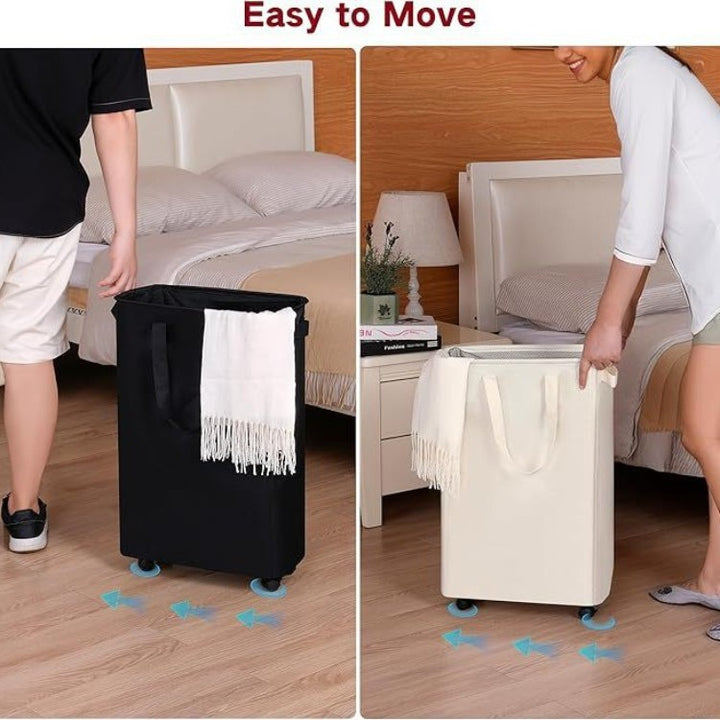 Foldable laundry basket with wheels and practical lid