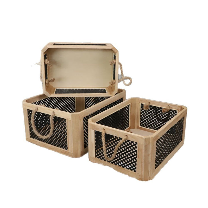 Open storage basket with natural fiber and raffia covering
