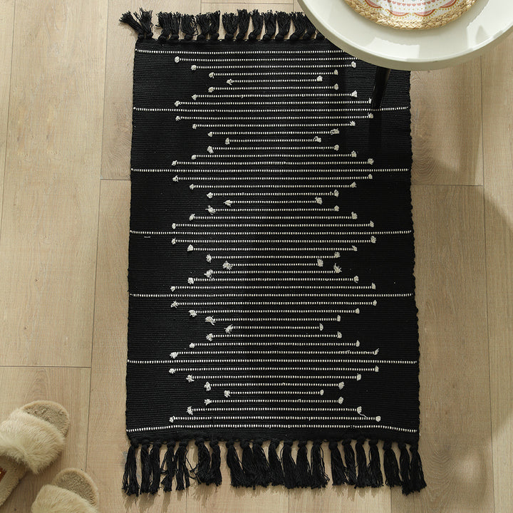 Cotton runner rug with fringes and geometric texture pattern