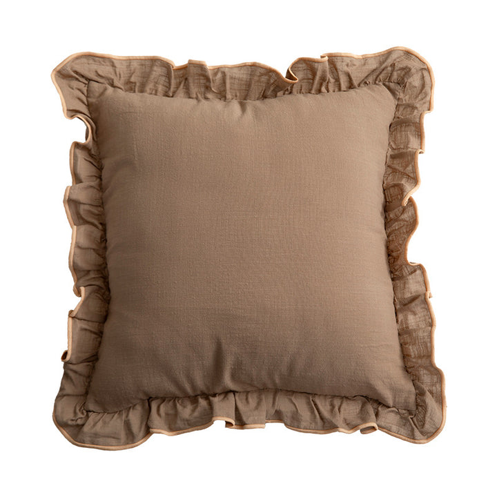Square decorative pillow with ruffle and linen look