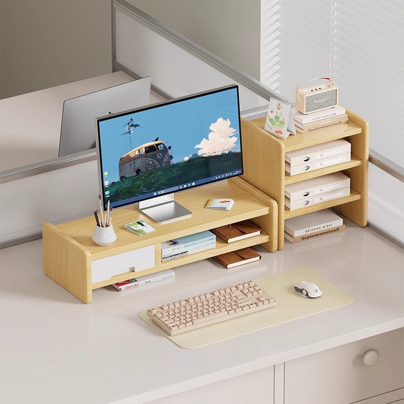 Solid Wood Monitor Riser and Desk Organizer with Dual-Level Shelf and Cable Management