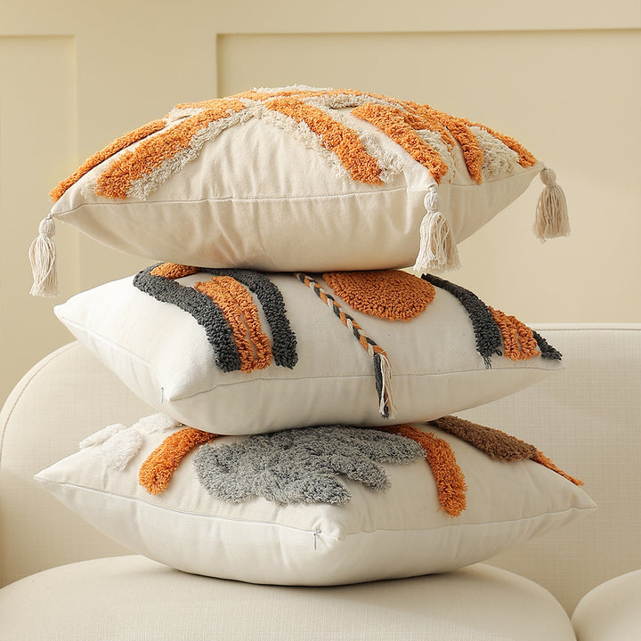 Boho-woven decorative cushion with textured chenille applications