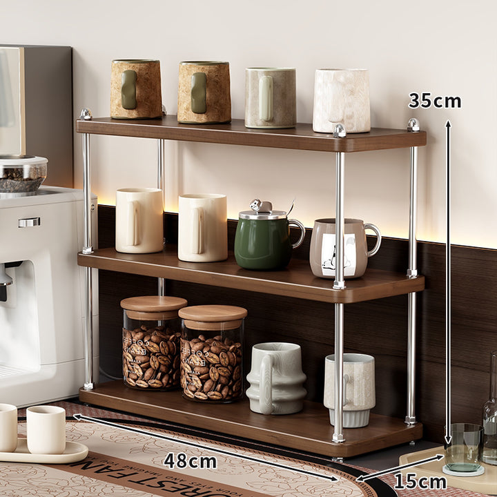 Compact Countertop Coffee Station Organizer with Three-Tier Wood Shelves and Polished Metal Posts