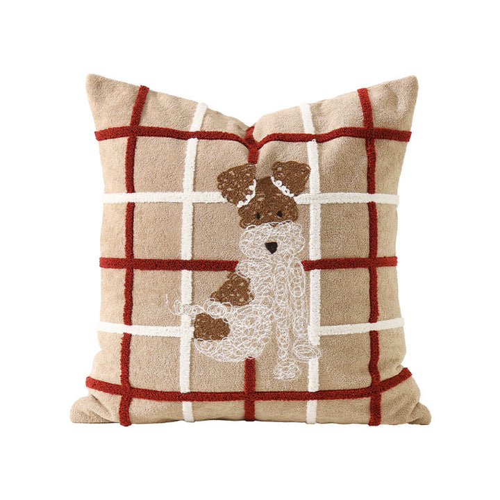 Square decorative cushion with stitched dog appliqué and soft cotton blend