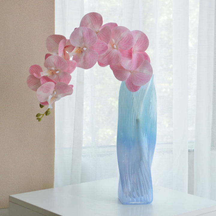 Hand-Blown Tall Ombre Ribbed Glass Floor Vase