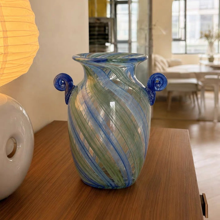 Swirled Hand-Blown Glass Amphora Vase with Spiral Scroll Handles