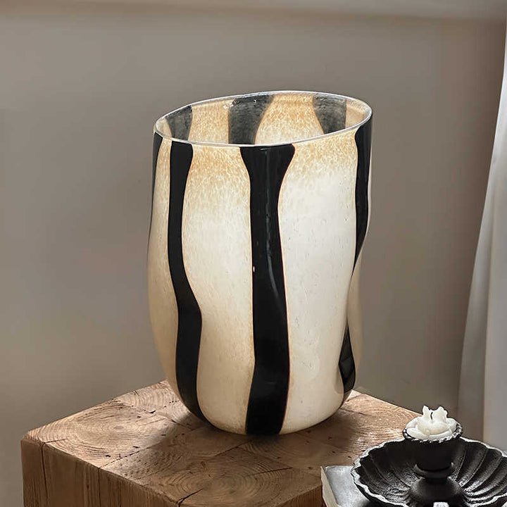 Hand-Blown Tall Striped Art Glass Vase