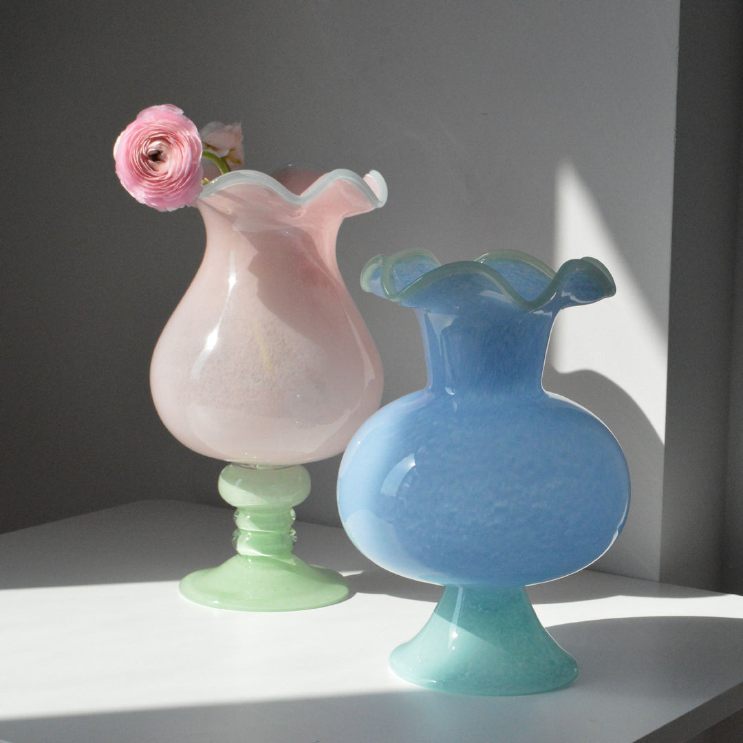 Artisanal Hand-Blown Rippled Pedestal Glass Centerpiece Vase