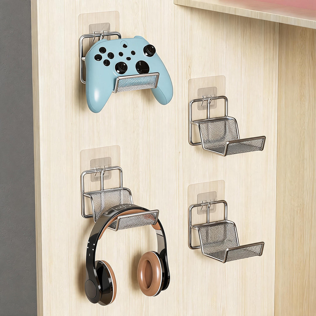 Wall-Mounted Headphone and Game Controller Rack with Foldable Hooks