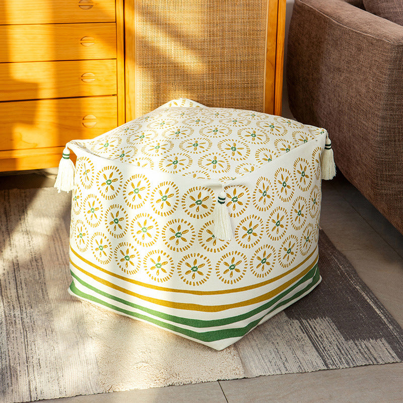 Square pouf seat cube made of cotton blend fabric with boho embroidery and tassels