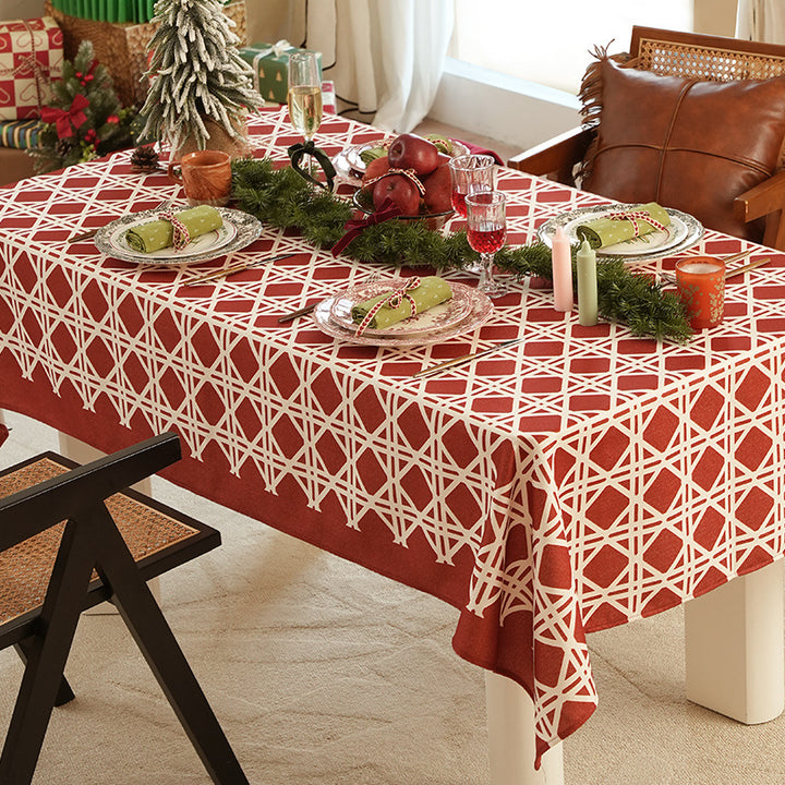 Rectangular festive tablecloth made of cotton blend fabric with geometric grid relief and stain-resistant surface