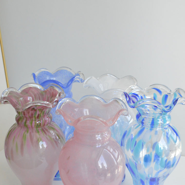 Hand-Blown Fluted-Rim Bulbous Pedestal Art Glass Vase