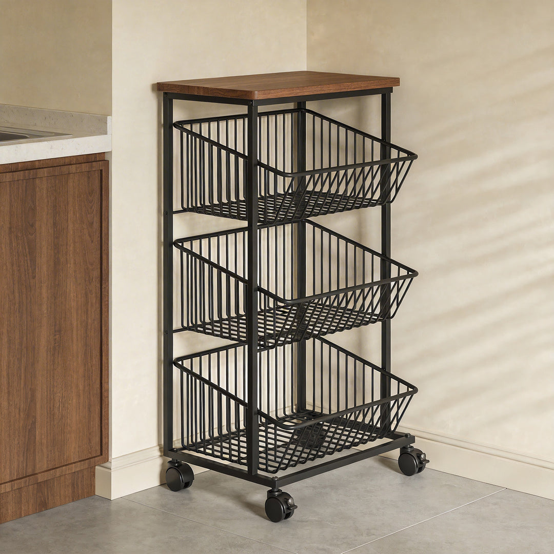 Slim Five-Tier Rolling Metal Kitchen Pantry Storage Rack with Wire Baskets