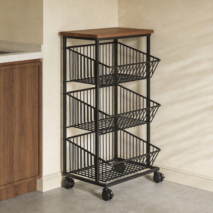 Slim Five-Tier Rolling Metal Kitchen Pantry Storage Rack with Wire Baskets
