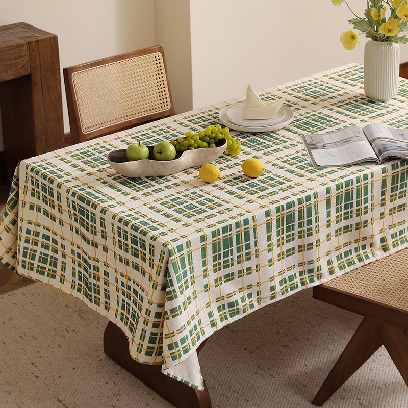 Light cotton-linen tablecloth with checked grid pattern and easy-care surface