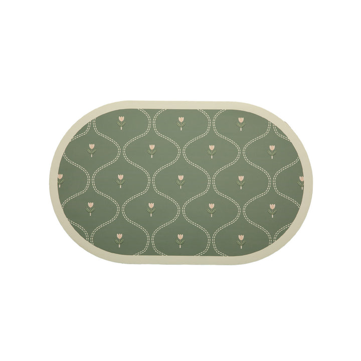 Oval wipeable placemat with tulip pattern, padded edge and non-slip bottom