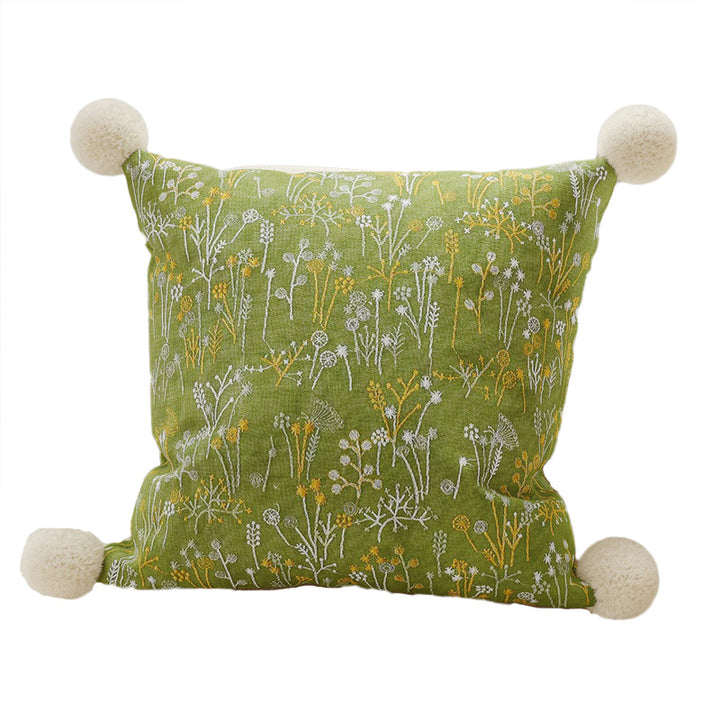 Hand-Embroidered Wildflower Velvet Decorative Pillow Cover with Plush Pom-Pom Corners
