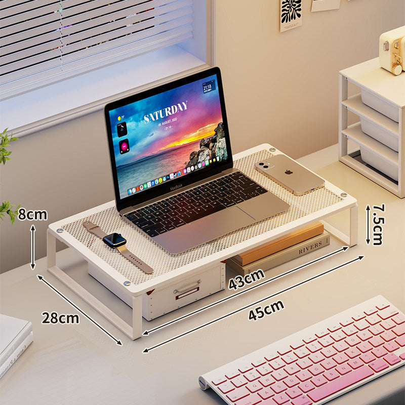 Metal Mesh Laptop and Monitor Riser Stand with Elevated Shelf and Under-Desk Storage