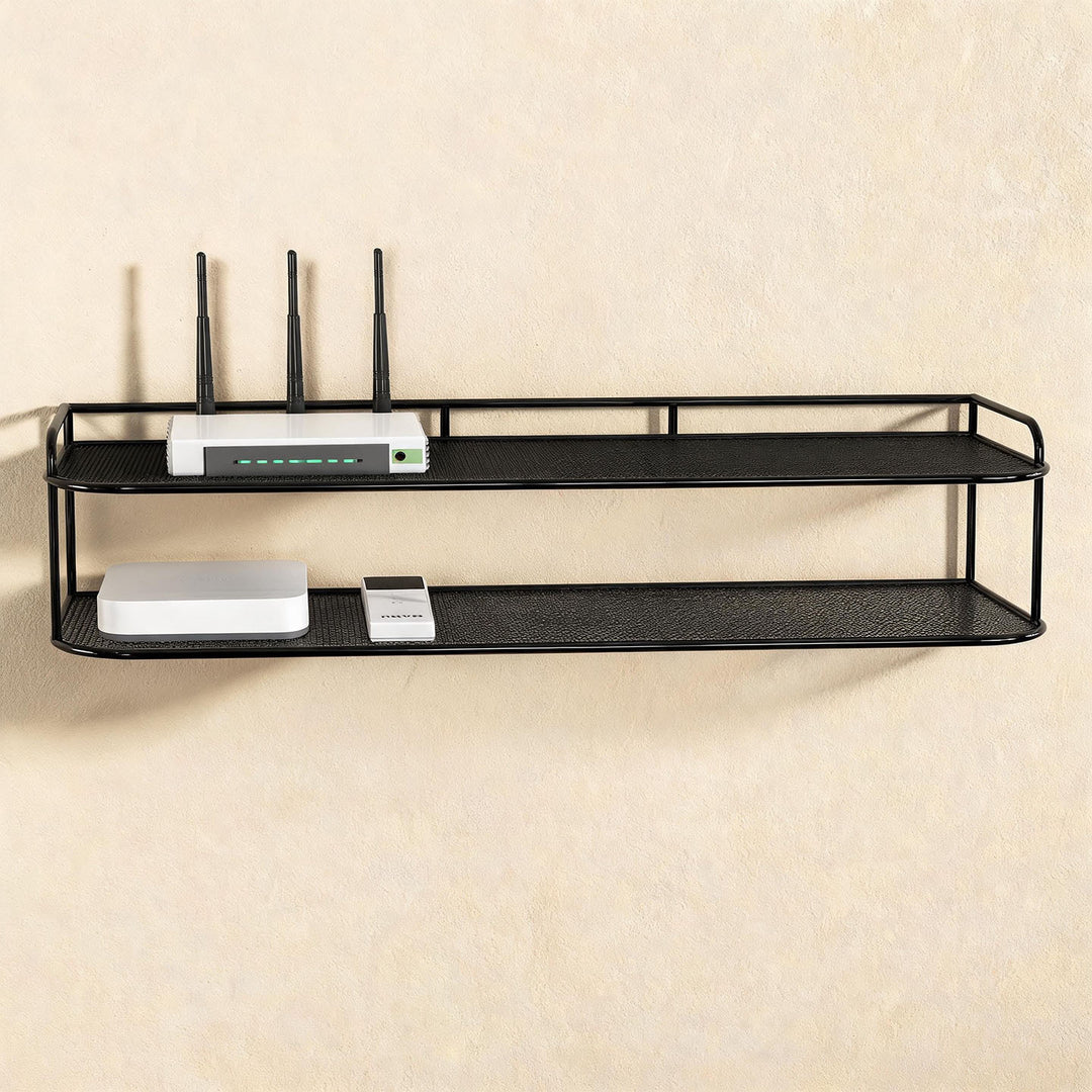 Wall-Mounted Two-Tier Ventilated Metal Mesh Electronics & Router Shelf Organizer