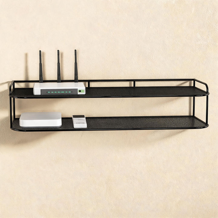 Wall-Mounted Two-Tier Ventilated Metal Mesh Electronics & Router Shelf Organizer