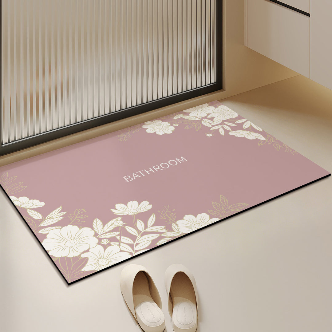 Absorbent Anti-Slip Bathroom Door Mat with Floral Corner Print and Quick-Dry Microfiber Surface