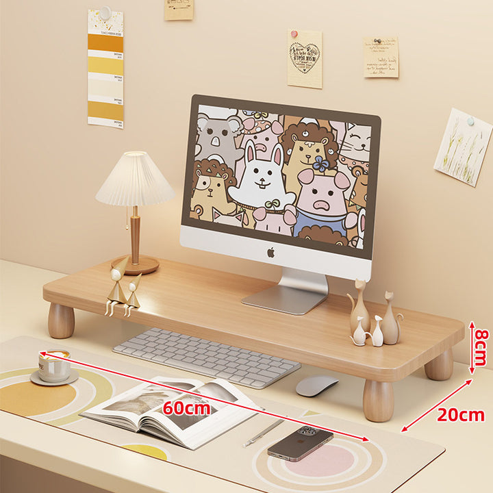 Low-Profile Ergonomic Wooden Desktop Monitor Lift with Under-Shelf Keyboard Storage