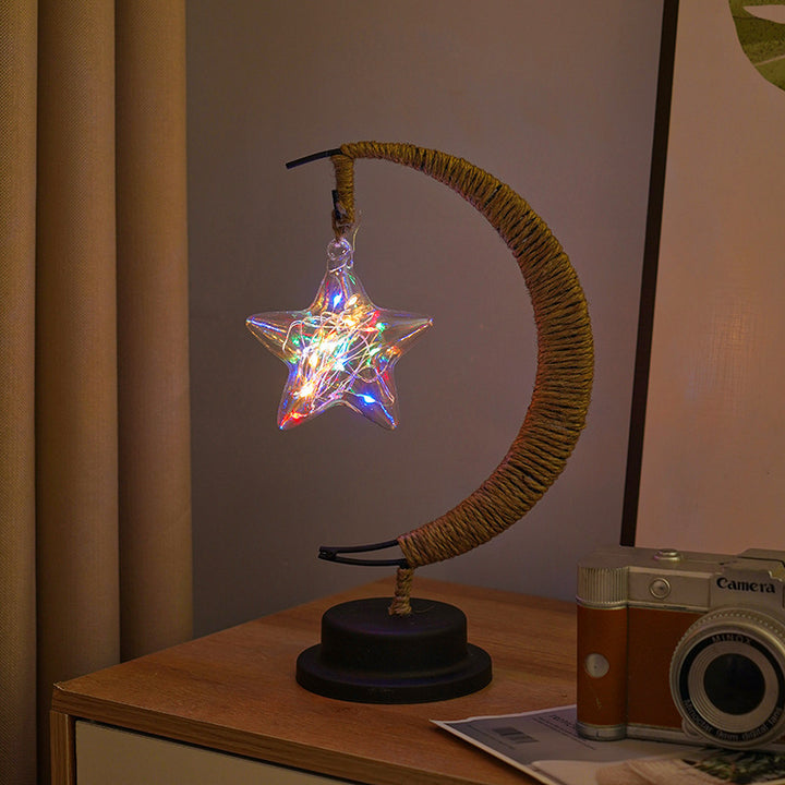 Decorative glass apple LED table lamp with moon-shaped rope-wrapped stand