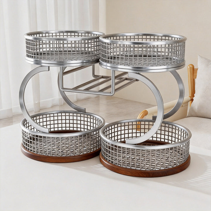 Multi-Level Spiral Metal Fruit and Produce Storage Stand with Mesh Baskets and Tissue Box Shelf