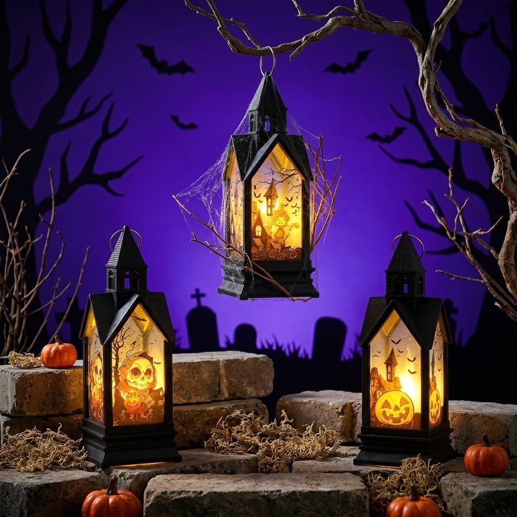 Halloween-themed LED Decorative Lantern with Silhouette Witch Pumpkin Ghost Scene
