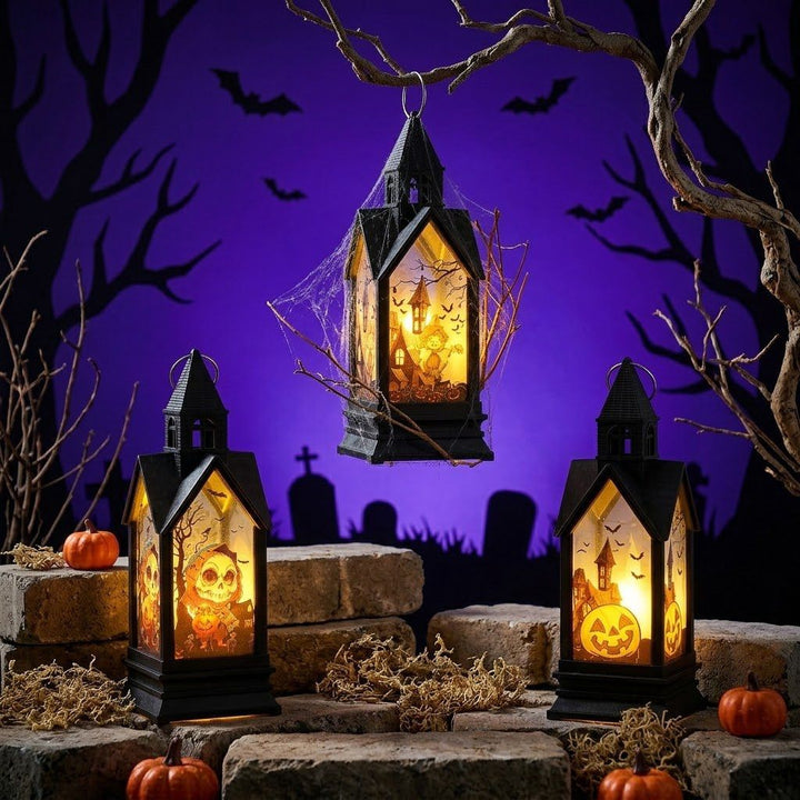 Halloween-themed LED Decorative Lantern with Silhouette Witch Pumpkin Ghost Scene