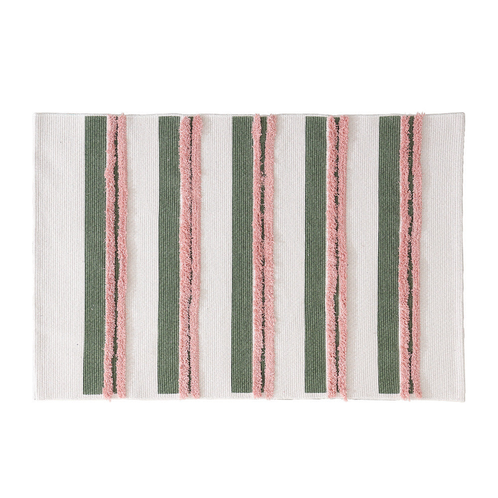 Cotton bath mat with textured stripes and fringes